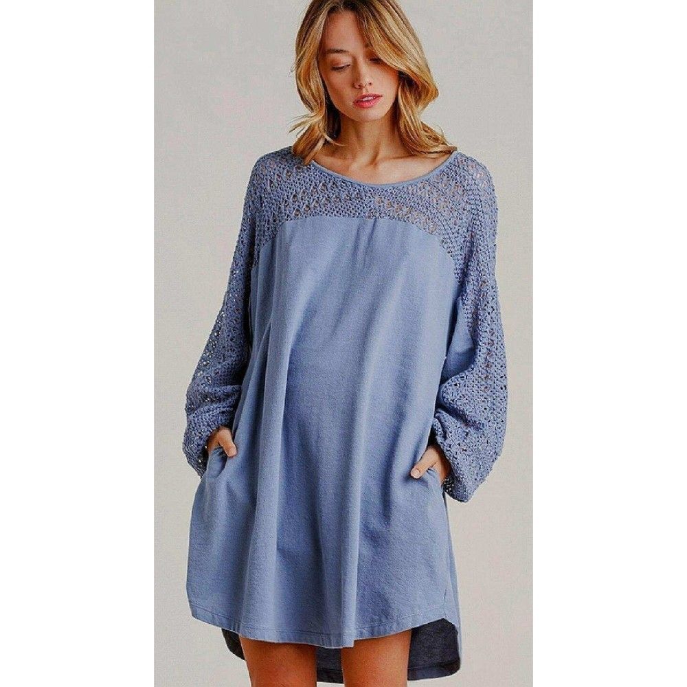 New UMGEE 4 6 8 Blue Knit Crochet Accent Pockets Hi-Low Oversized Cotton Dress
